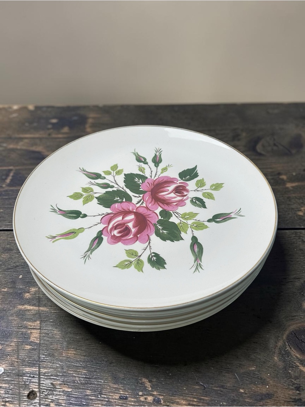 Vintage American Limoges Pink Rose Dinner Plates Set of 7 Gold Trim 10”